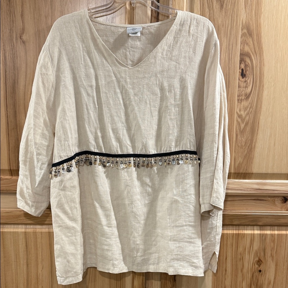 Hot Cotton Women’s Cream Linen Boho Top with Fringe Beaded Trim Embellishment